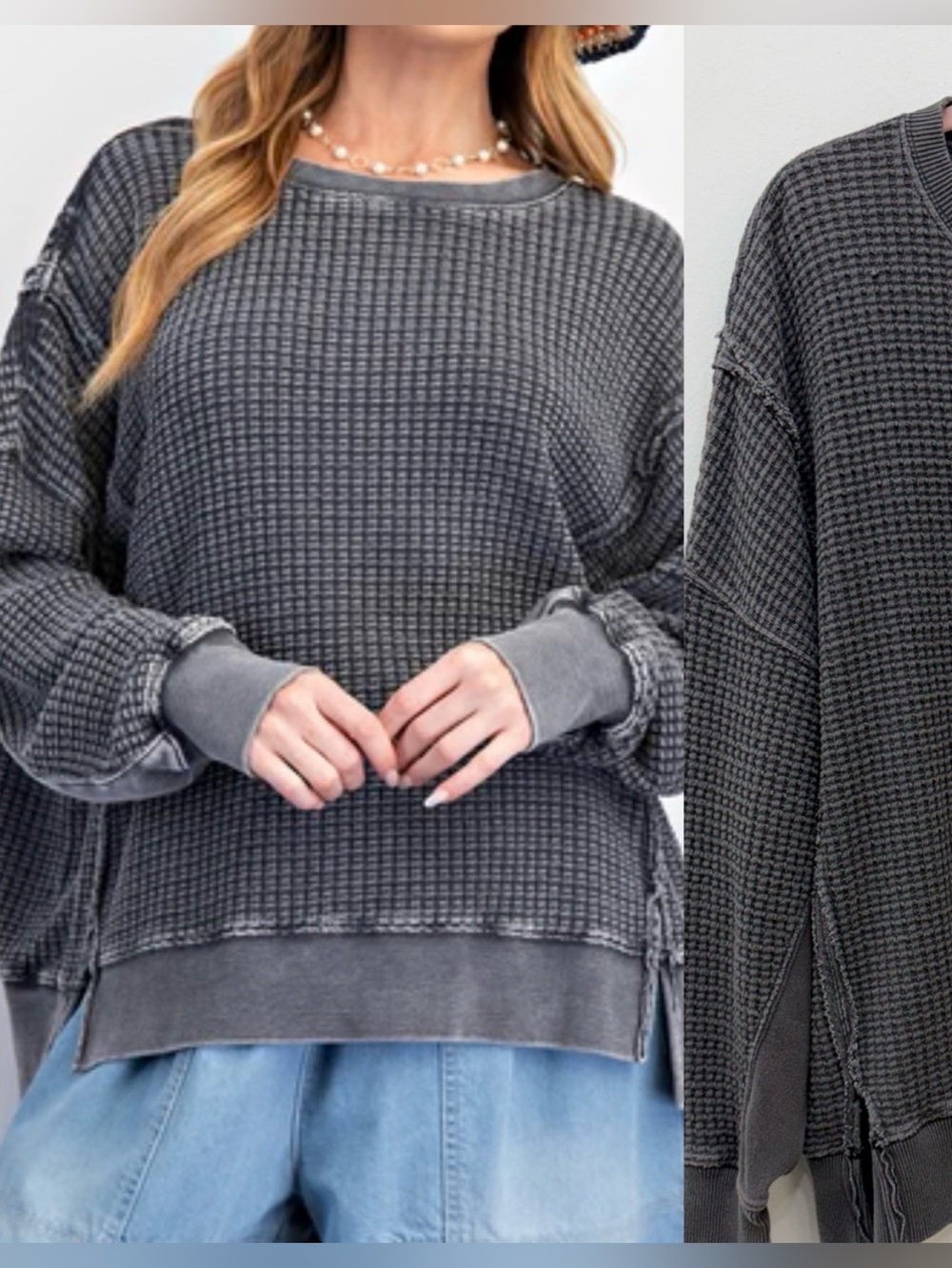 AE Seriously Lived In Oversized Washed Gray Waffle Knit Crew Neck Pullover Sz M